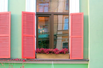 Image of window with red shutters and flowers on the windowsill