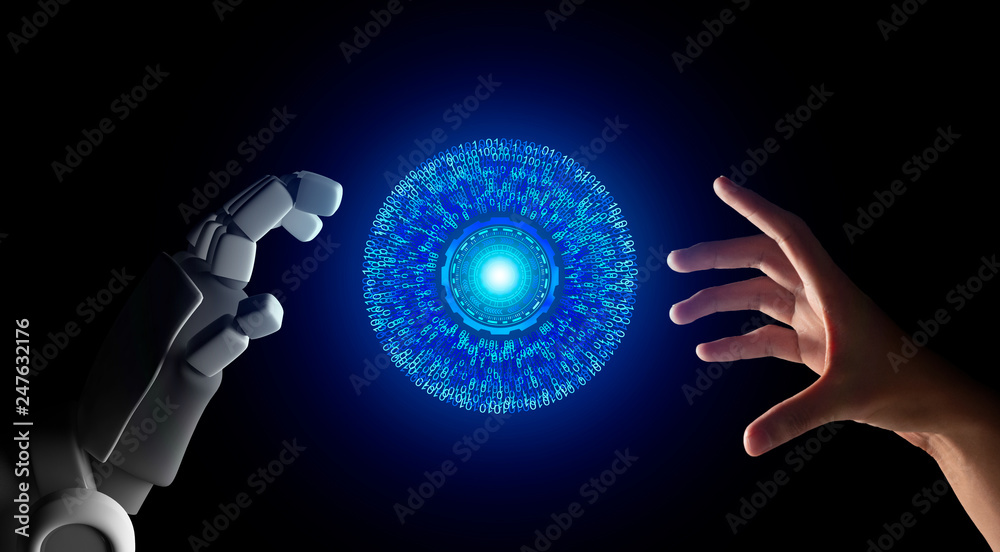 Poster Human hand and robot hand with HUD circle interface and binary number code on black screen background, artificial intelligence, AI, in futuristic digital technology concept, 3d illustration