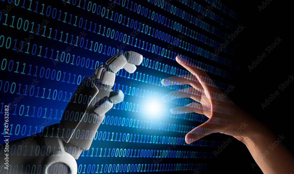 Poster human hand and robot hand with binary number code and light on blue screen background, artificial in