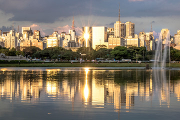 Skyline of Sao Paulo city and reflex in lake