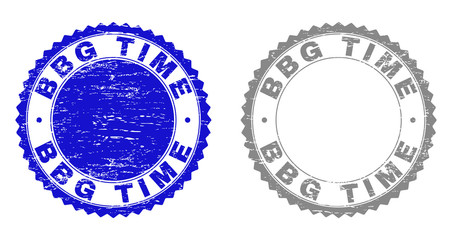 Obraz premium Grunge BBG TIME stamp seals isolated on a white background. Rosette seals with grunge texture in blue and grey colors. Vector rubber overlay of BBG TIME title inside round rosette.