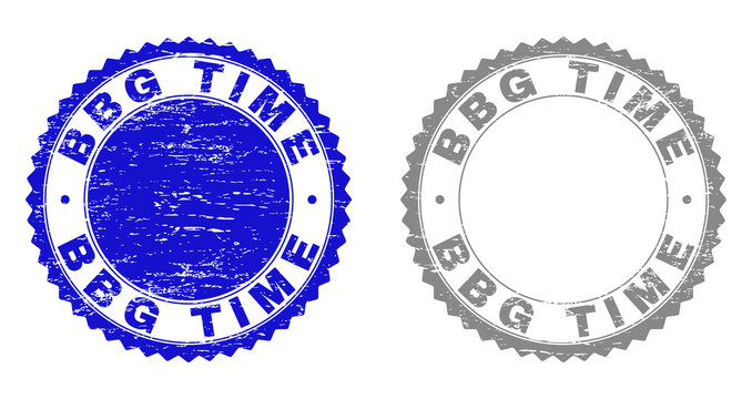 Grunge BBG TIME stamp seals isolated on a white background. Rosette seals with grunge texture in blue and grey colors. Vector rubber overlay of BBG TIME title inside round rosette.
