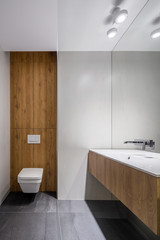 White bathroom with wooden details