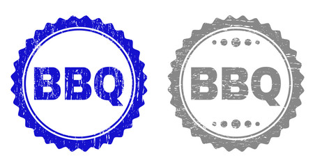Grunge BBQ stamp seals isolated on a white background. Rosette seals with grunge texture in blue and gray colors. Vector rubber overlay of BBQ tag inside round rosette.