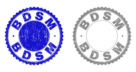 Grunge BDSM stamp seals isolated on a white background. Rosette seals with grunge texture in blue and grey colors. Vector rubber watermark of BDSM caption inside round rosette.