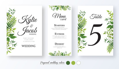 Wedding Invitation, menu card, table number, Floral design with green watercolor fern leaves, foliage greenery decorative frame print. Vector elegant cute rustic greeting, invite, postcard 