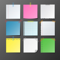 Post note paper set on gray background with shadow, vector illustration