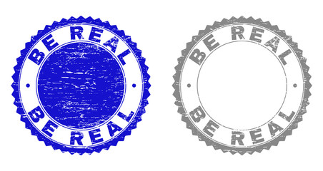 Grunge BE REAL stamp seals isolated on a white background. Rosette seals with grunge texture in blue and gray colors. Vector rubber watermark of BE REAL title inside round rosette.