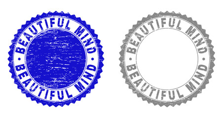 Grunge BEAUTIFUL MIND stamp seals isolated on a white background. Rosette seals with grunge texture in blue and grey colors. Vector rubber watermark of BEAUTIFUL MIND tag inside round rosette.