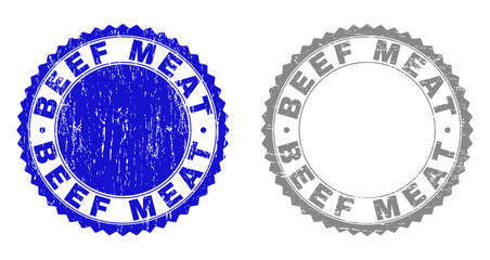 Grunge BEEF MEAT stamp seals isolated on a white background. Rosette seals with distress texture in blue and gray colors. Vector rubber imitation of BEEF MEAT title inside round rosette.