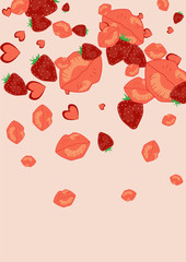 Strawberries, lips and hearts on a pink background. Romantic background with a kiss and a heart. Confetti of lips on Valentine's Day. Card for the day of lovers.