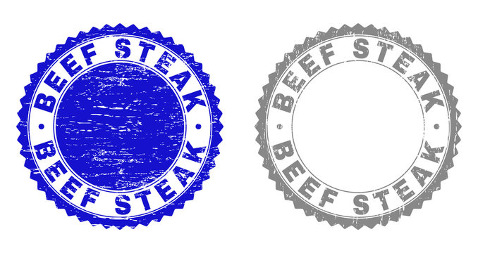 Grunge BEEF STEAK stamp seals isolated on a white background. Rosette seals with grunge texture in blue and grey colors. Vector rubber imitation of BEEF STEAK title inside round rosette.