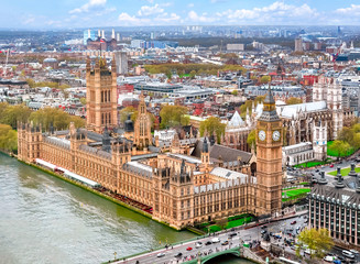 London cityscape and Houses of Parliament with Big Ben tower, UK