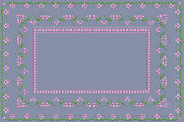 Bluish tablecloth embroidered satin stitch  pattern frame of twigs with pink flowers and twists on green leaves