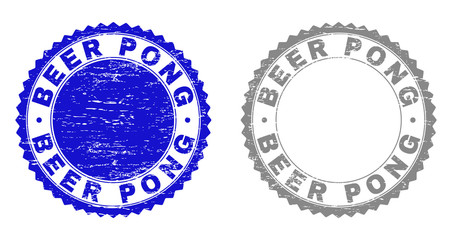 Grunge BEER PONG stamp seals isolated on a white background. Rosette seals with grunge texture in blue and grey colors. Vector rubber imprint of BEER PONG tag inside round rosette.
