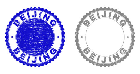 Grunge BEIJING stamp seals isolated on a white background. Rosette seals with distress texture in blue and gray colors. Vector rubber imitation of BEIJING caption inside round rosette.