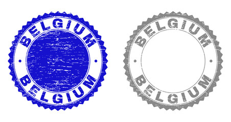 Grunge BELGIUM stamp seals isolated on a white background. Rosette seals with grunge texture in blue and gray colors. Vector rubber imprint of BELGIUM title inside round rosette.