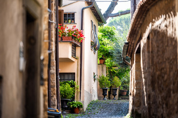 Fototapeta na wymiar Orvieto, Italy Italian outdoor empty street in Umbria historic city town village cobblestone road typical narrow alley with decorations plants garden