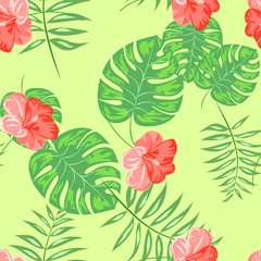 Fototapeta na wymiar Tropical pattern with hibiscus flowers and leaves. Exotic seamless pattern with tropical leaves. Ethnic Background with Hawaiian flowers and plants.