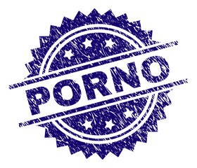 PORNO stamp seal watermark with distress style. Blue vector rubber print of PORNO title with corroded texture.