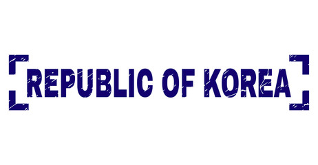 REPUBLIC OF KOREA text seal print with distress style. Text title is placed inside corners. Blue vector rubber print of REPUBLIC OF KOREA with grunge texture.