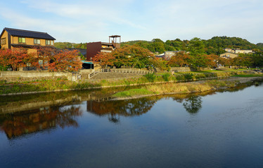 View of traditional Japanese buildings along the Asano-gawa River in Kanazawa, Ishikawa, Japan