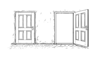 Cartoon doodle drawing of two open and close wooden decision door. Two choices or ways.