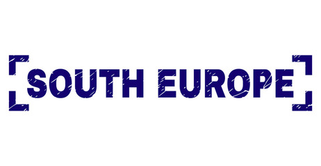 SOUTH EUROPE text seal print with corroded effect. Text tag is placed between corners. Blue vector rubber print of SOUTH EUROPE with grunge texture.