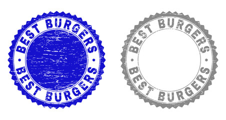 Grunge BEST BURGERS stamp seals isolated on a white background. Rosette seals with distress texture in blue and grey colors. Vector rubber watermark of BEST BURGERS label inside round rosette.