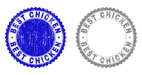 Grunge BEST CHICKEN stamp seals isolated on a white background. Rosette seals with grunge texture in blue and grey colors. Vector rubber watermark of BEST CHICKEN text inside round rosette.
