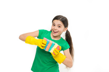 Cleaning could be fun. Housekeeping duties. Wash dishes. Cleaning with sponge. Cleaning supplies. Girl in rubber gloves for cleaning hold many colorful sponges white background. Help clean up
