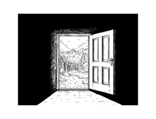 Cartoon doodle drawing illustration of open wooden door and beautiful mountain landscape behind as concept of travel or return to nature or freedom.