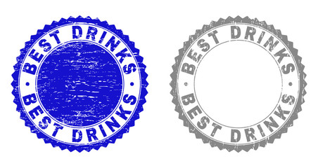 Grunge BEST DRINKS stamp seals isolated on a white background. Rosette seals with grunge texture in blue and grey colors. Vector rubber imprint of BEST DRINKS text inside round rosette.