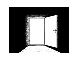 Cartoon doodle drawing illustration of open wooden decision door and light coming from it.