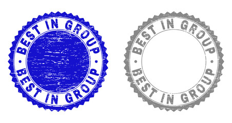 Grunge BEST IN GROUP stamp seals isolated on a white background. Rosette seals with grunge texture in blue and gray colors. Vector rubber imprint of BEST IN GROUP text inside round rosette.