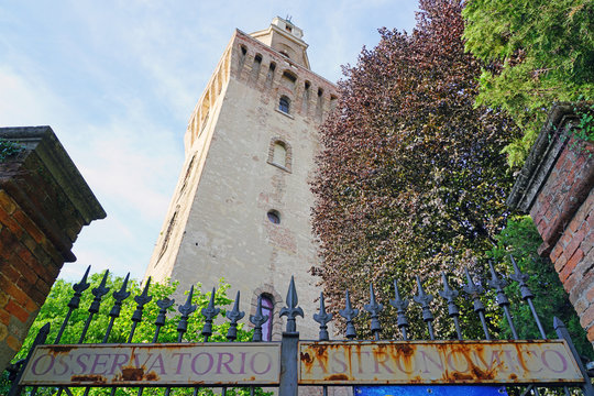 Day view of the landmark Specola Tower astronomical observatory, part of the old Castle of Padua in Padova, Italy 