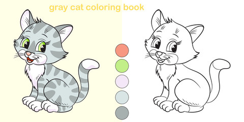Coloring book gray cat. Cute cartoon character.