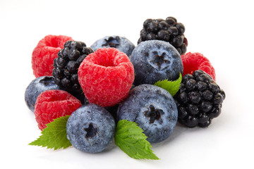 Close-up arrangement mixed, assorted berries including blackberries, blueberry, raspberries