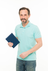 Useful information. Self education. Home education and self improvement. Education for adult. Never too late to study. Man bearded hold book white background. Reading as hobby. More knowledge