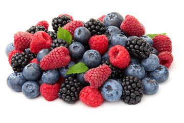 Close-up arrangement mixed, assorted berries including blackberries, blueberry, raspberries