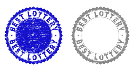Grunge BEST LOTTERY stamp seals isolated on a white background. Rosette seals with grunge texture in blue and gray colors. Vector rubber overlay of BEST LOTTERY tag inside round rosette.