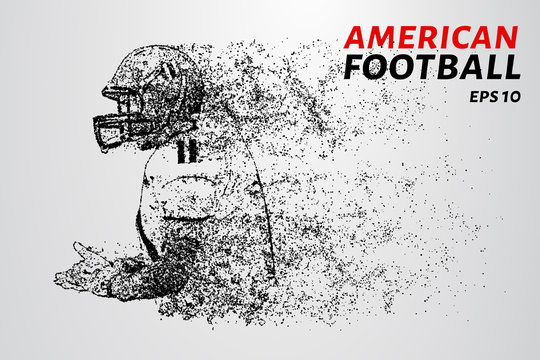 American football. American football made up of particles. Glowing dots create the shape of a football player.