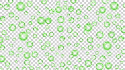 Translucent bubbles or water drops of different sizes in green colors on transparent background. Transparency only in vector format