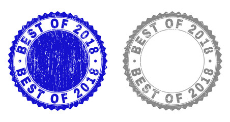 Grunge BEST OF 2018 stamp seals isolated on a white background. Rosette seals with grunge texture in blue and gray colors. Vector rubber imitation of BEST OF 2018 caption inside round rosette.