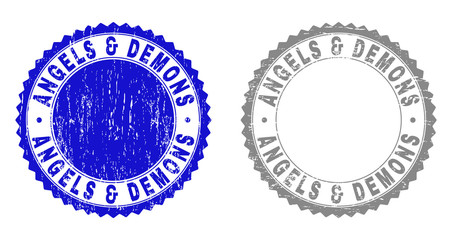 Grunge ANGELS & DEMONS stamp seals isolated on a white background. Rosette seals with grunge texture in blue and grey colors. Vector rubber overlay of ANGELS & DEMONS title inside round rosette.