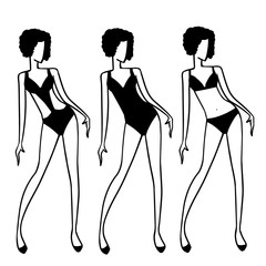 Women figures in different designs swimsuit. Simple black and white drawings of woman fashion.