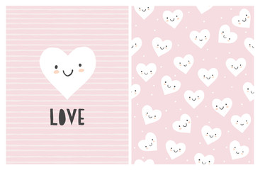 Lovely White Smiling Kawaii Heart Vector Illustration and Pattern. White Heart on a Pink Striped Background. Cute Happy Heart on a Light Pink Layout. Tiny  Irregular Dots Among Hearts. Infantile Style