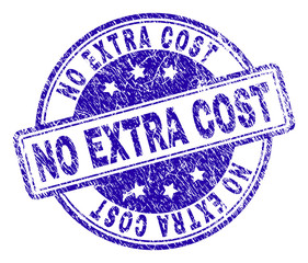 NO EXTRA COST stamp seal imprint with grunge effect. Designed with rounded rectangles and circles. Blue vector rubber print of NO EXTRA COST title with grunge texture.