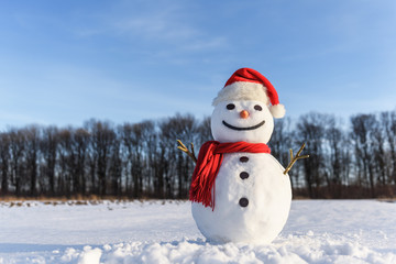 Funny snowman in santa hat and red scalf on snowy field. Christmass and New Year background