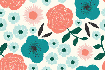 kwiatowy wzór z ręcznie rysowane kwiaty w turkusowym, różowym, koralowym i aqua na kremowym tle - 247645112